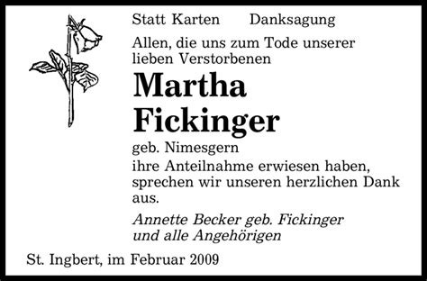 Traueranzeigen Von Martha Fickinger Saarbruecker Zeitung Trauer De