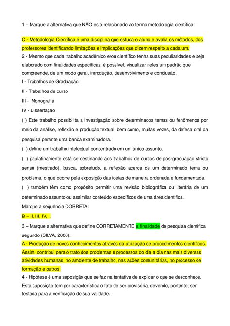 Metodologia Cientifica Marque A Alternativa Que N O Est