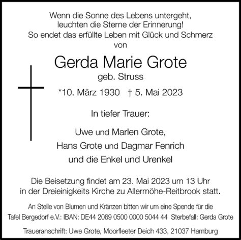 Traueranzeigen Von Gerda Marie Grote Hamburgertrauer De