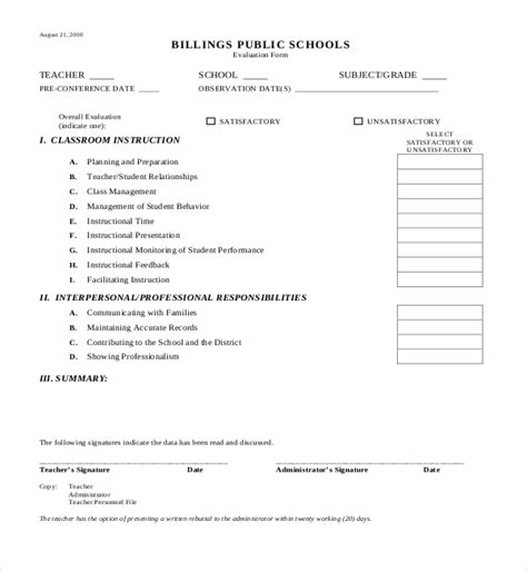 Free 20 Sample Teacher Evaluation Forms In Pdf Excel Word