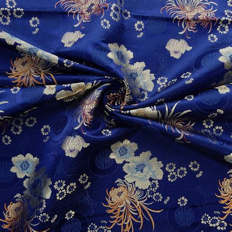 30 Silk Chinese Brocade Fabric Flowers Royal Blue 10 Yard Bolt