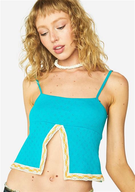 Delias Open Front Heart Knit Macrame Cami Tank Top Blue Teal Dolls Kill