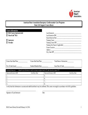 Fillable Online Basic Life Support Course Roster AHA CPR BLS