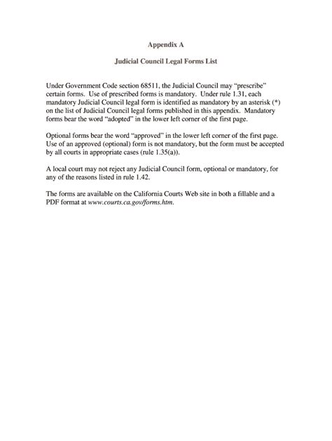 Fillable Online Courts Ca Appendix A Judicial Council Legal Forms List