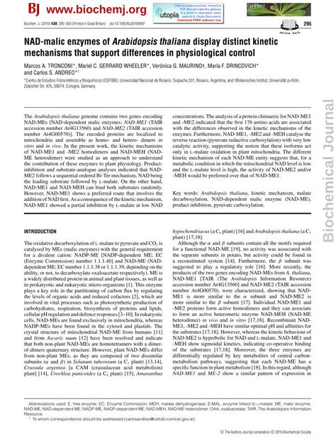 PDF NAD Malic Enzymes Of Arabidopsis Thaliana Display Distinct