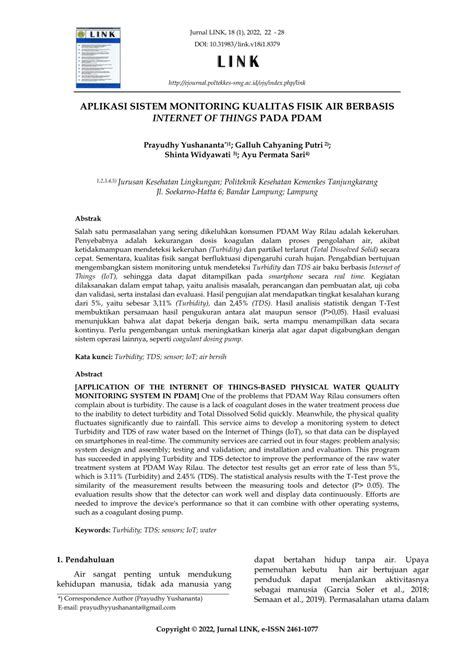 Pdf Aplikasi Sistem Monitoring Kualitas Fisik Air Berbasis Internet Of Things Pada Pdam