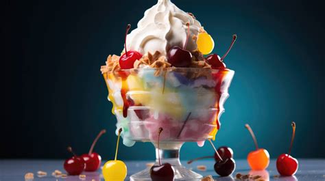 Colorful ice cream sundae, layers of creamy joy capped with a cherry