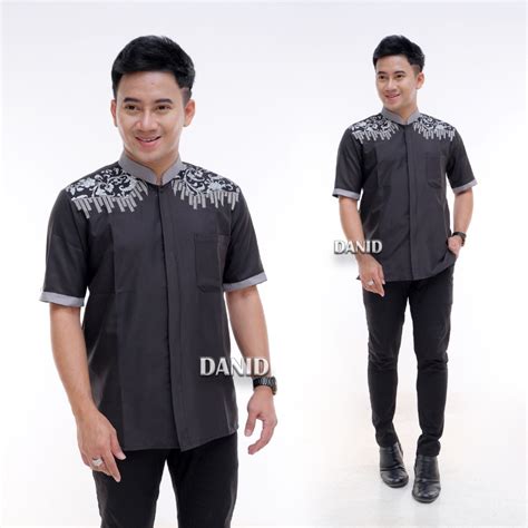 Jual Baju Koko Warna Hitam Lengan Pendek Motif Baru Pundak Dan Lengan