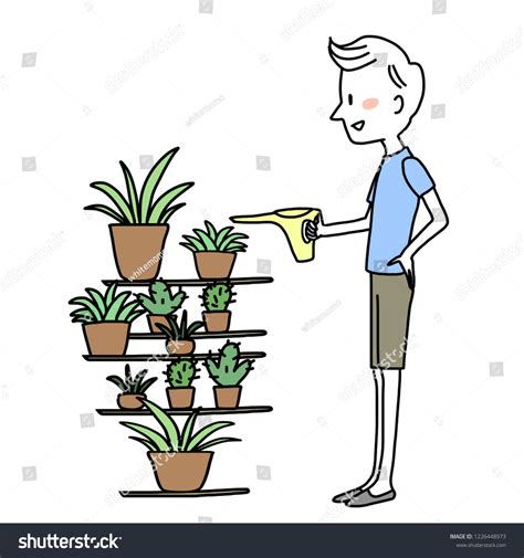 Young Man Watering Plants Happy Adult Stock Vector Royalty Free