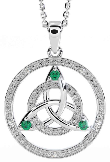 Diamond Emerald Silver Celtic Trinity Knot Necklace