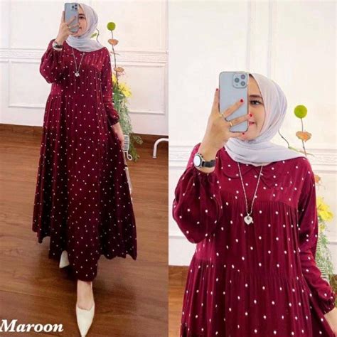 Only At Shopee Gamis Women Jumbo Rayon Midi Dress Muslim Polkadot Motif