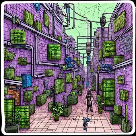 An Absurdly Detailed Cyberpunk Alleyway Colored Pen Stable Diffusion