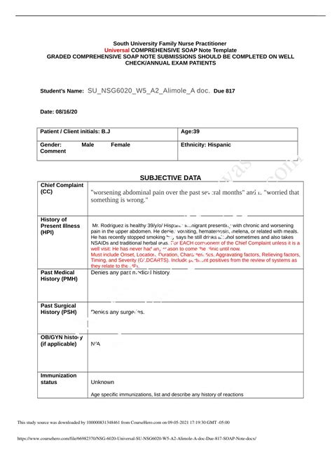 COMPREHENSIVE SOAP Note Template GRADED COMPREHENSIVE SOAP NOTE