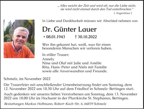 Traueranzeigen von Günter Lauer Saarbruecker Zeitung Trauer de