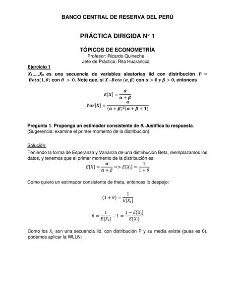 PD1 Tópicos de Econometria solución PRÁCTICA DIRIGIDA N 1 TÓPICOS DE