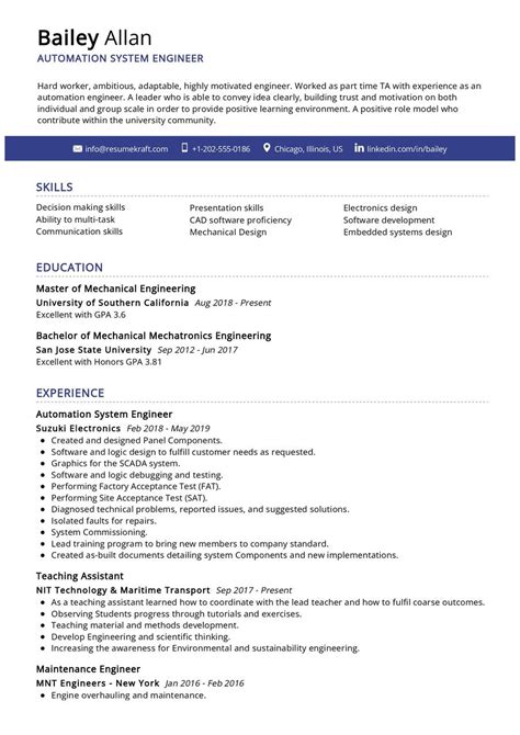 Automation System Engineer Cv Example In Resumekraft