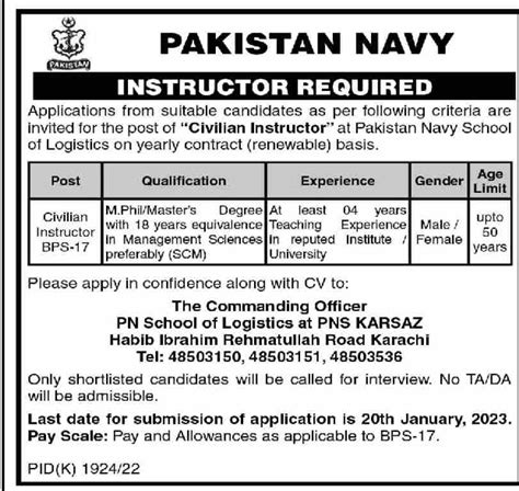 Pakistan Navy Jobs 2023 For Civilian Instructor Vacancies On 10 January