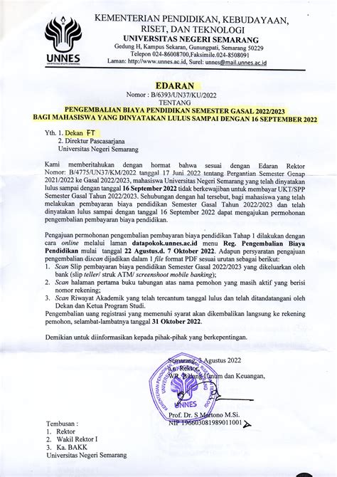 Surat Edaran Pengembalian Biaya Pendidikan Semester Gasal 20222023 Faculty Of Engineering