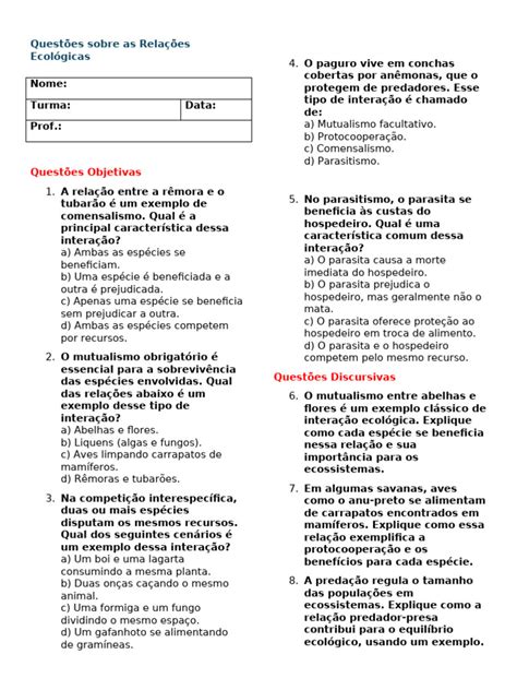 Questões Sobre Relações Ecológicas 7 Ano - Questões sobre Relações Ecológicas | PDF | Interações biológicas | Ecologia