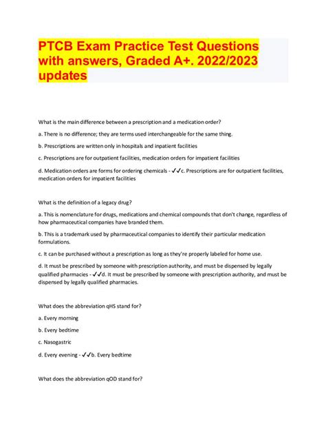 PTCB Exam Practice Test Questions With Answers Graded A 2022 2023