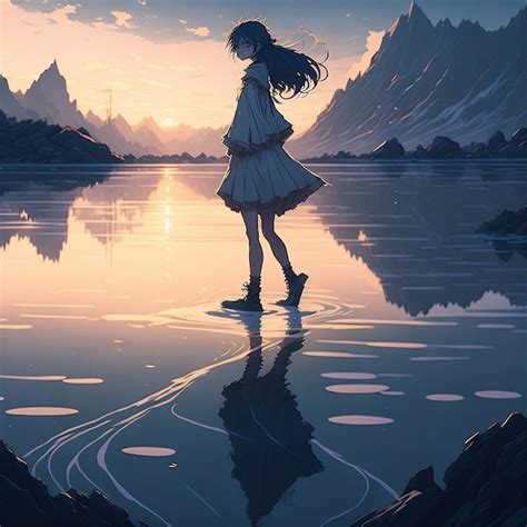 Chica Anime Caminando Sobre El Agua Foto Premium