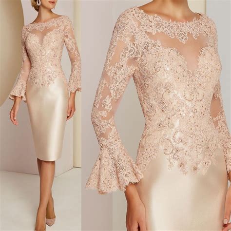 Gorgeous Short Champagne Lace Long Sleeve Mother Of The Bride Dresses