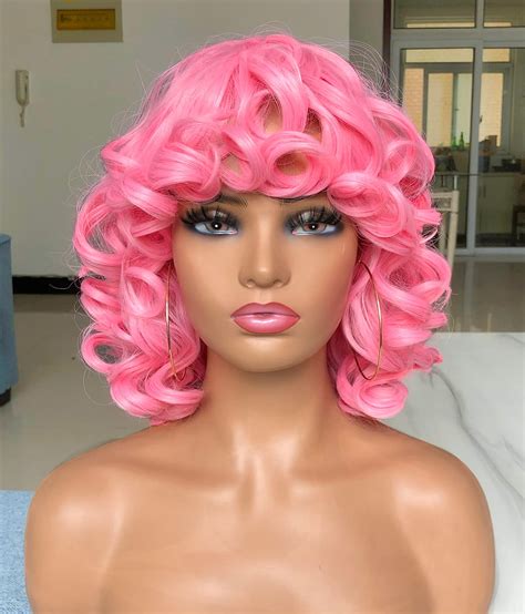 Annivia Short Curly Wig For Black Women With Bangs Big Bouncy Fluffy Kinky Curly Wig Pink