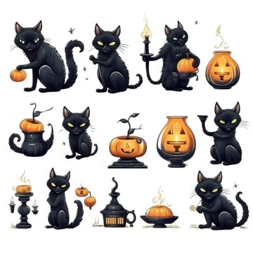 Set Of Vector Illustration For Halloween Black Cat Ghost Cat Cat And