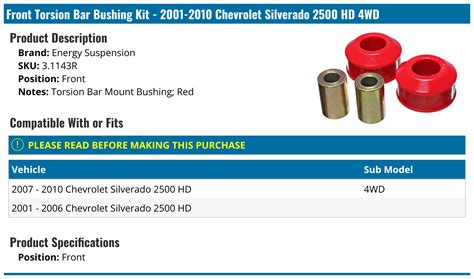 2001 2010 Chevrolet Silverado 2500 Hd Torsion Bar Bushing Energy Suspension 3 1143r Front