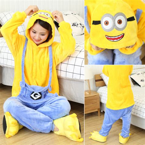 Women Cute Minion Pajamas Unisex Autumn Winter Men Cartoon Onesies Lady