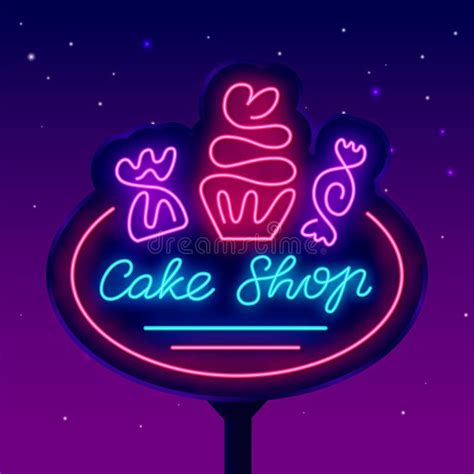 Cake Shop Neon Sign Street Billboard For Candy Store Sweet Bar Cupcake And Lollipop Isolated