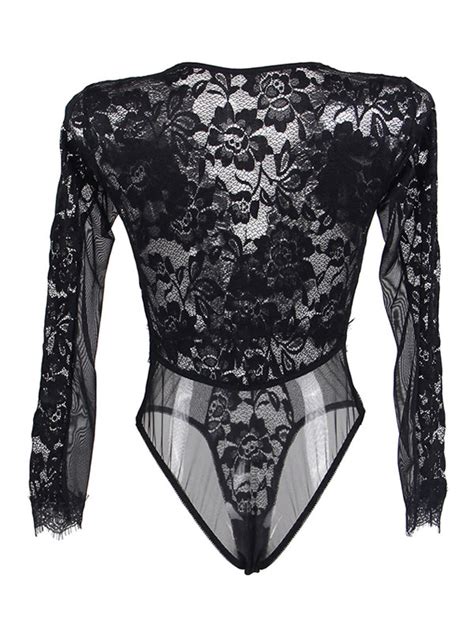 Black Sexy Teddies Plunging Neck Shaping Semi Sheer Lingerie For Women