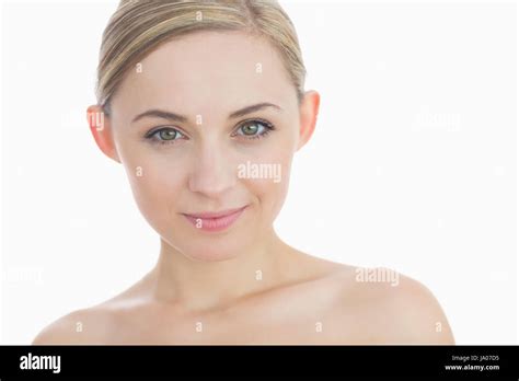 Closeup Portrait Of Beautiful Young Woman Over White Background Stock