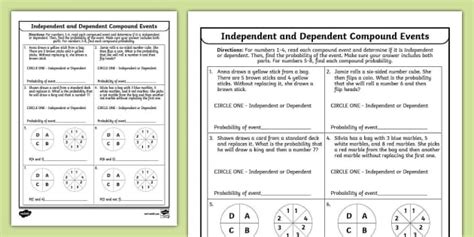 Seventh Grade Independent And Dependent Compound Events Worksheets