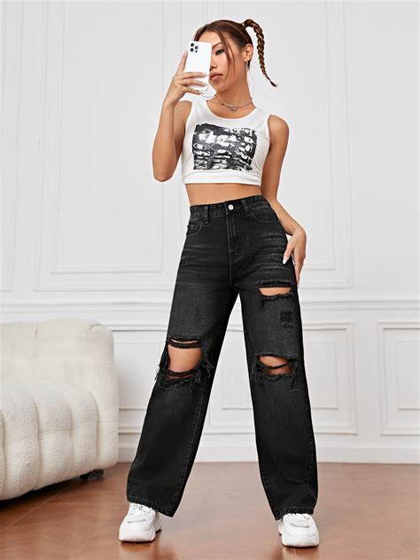 SHEIN PETITE High Waist Ripped Straight Leg Jeans SHEIN USA