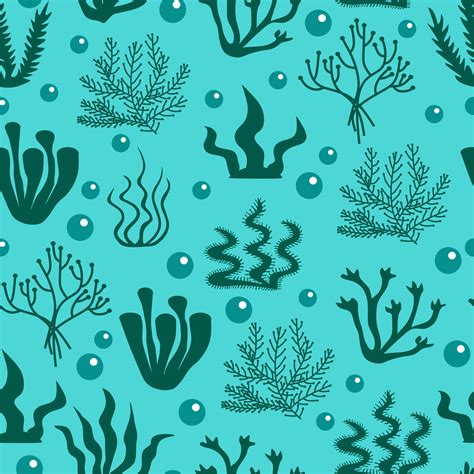 Underwater Seaweed Seamless Pattern Background With Hand Drawn Elements