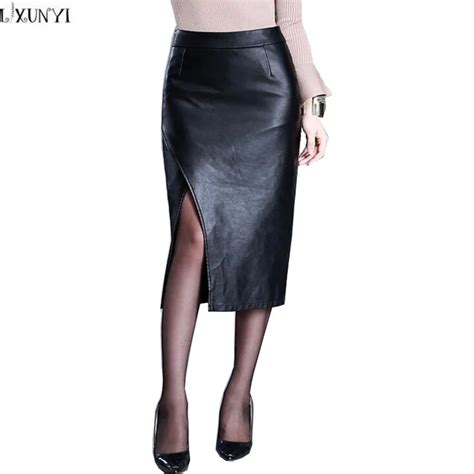 Lxunyi Autumn Winter High Waist Bodycon Leather Skirt Women Sexy Split