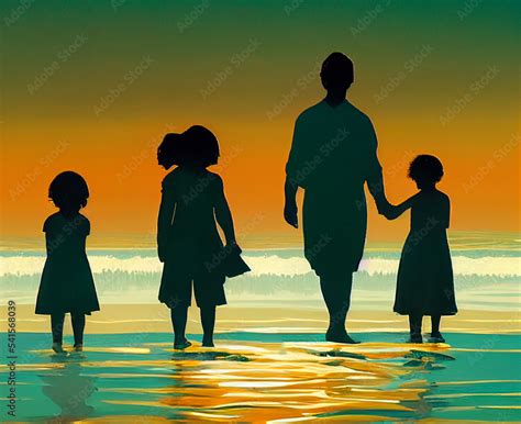 The silhouette of a happy family on vacation. Family at sea. Stock ...