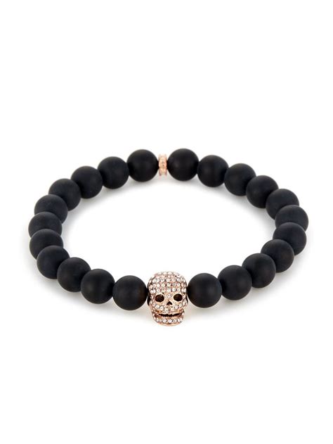 Matte Black Onyx Rose Gold And Clear Crystal Skull Bracelet Skull Bracelet Natural Stone