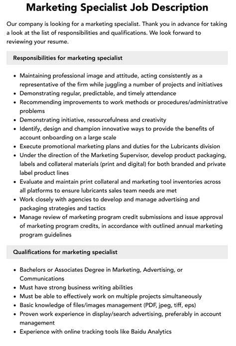 Marketing Specialist Job Description Velvet Jobs