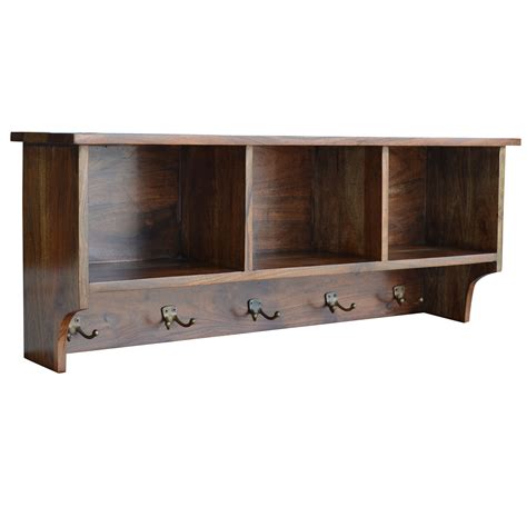 AmeriHome 36 Acacia Wood Wall Mounted Shelf With Coat Hooks Storage