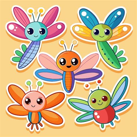 Cinco Lindos Insectos De Dibujos Animados Con Ojos Grandes Y Colores