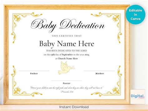 Baby Dedication Certificate Editable Canva Template - Etsy