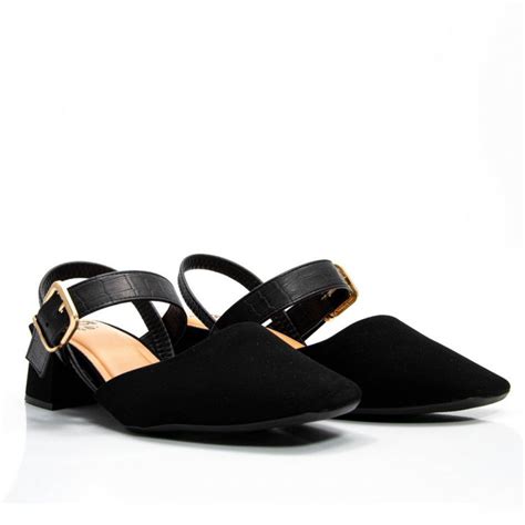 Sapato Via Comfort Slingback Bico Fino Fivela Preto