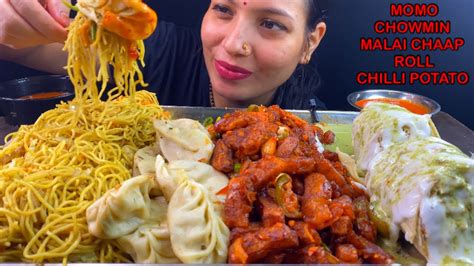 Eating Spicy Noodles Malai Chaap Roll Chilli Potato Momo Indian