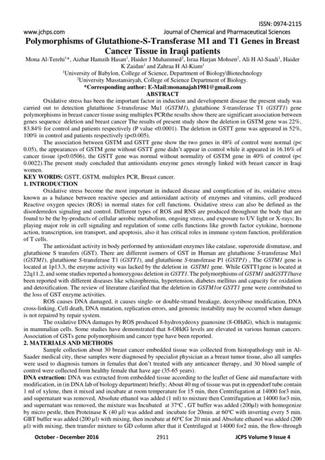 Pdf Polymorphisms Of Glutathione S Transferase M And T Genes In