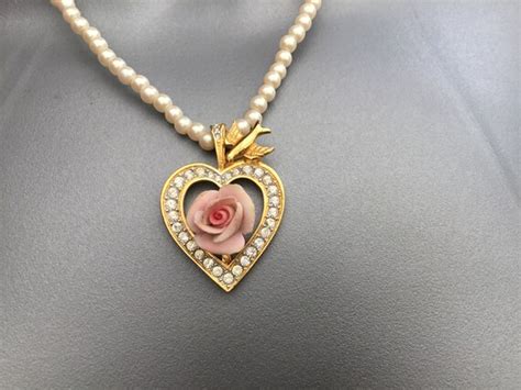 Franklin Mint Blushing Rose Porcelain Necklace On Fau Gem