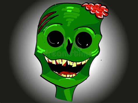 Green Smiling Zombie Head Icon With Brains And Yellow Teeth For