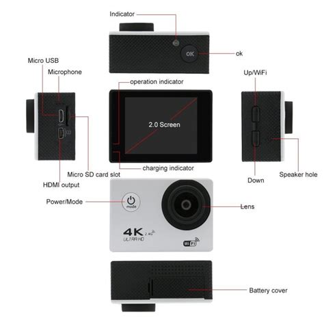 Caméra Sport étanche 4k Slow Motion 16mp Grand Angle Argent