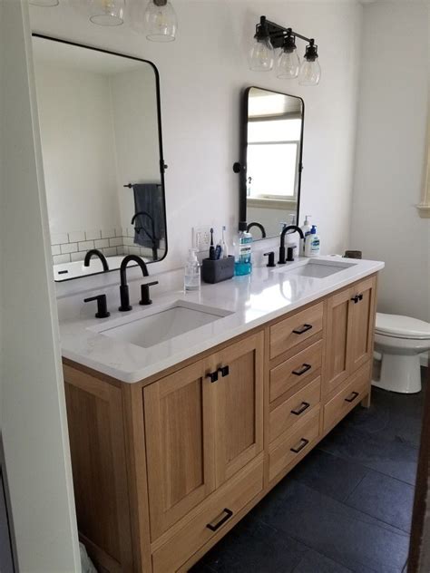 White Oak Vanity With White Quartz Countertop Oak Vanity Bathroom